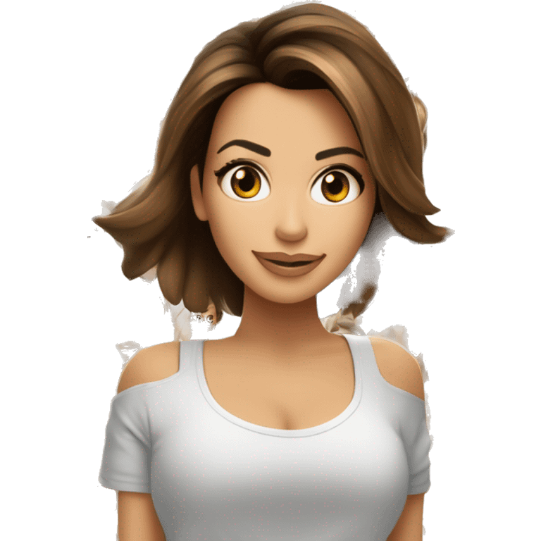 contrasté, ombre, lumière, expression eva longoria, debout de loin, nez fin, femme brune, yeux noisette, longs cils, cheveux foncés dégradés épaule, t-shirt blanc, jean, baskets blanches emoji