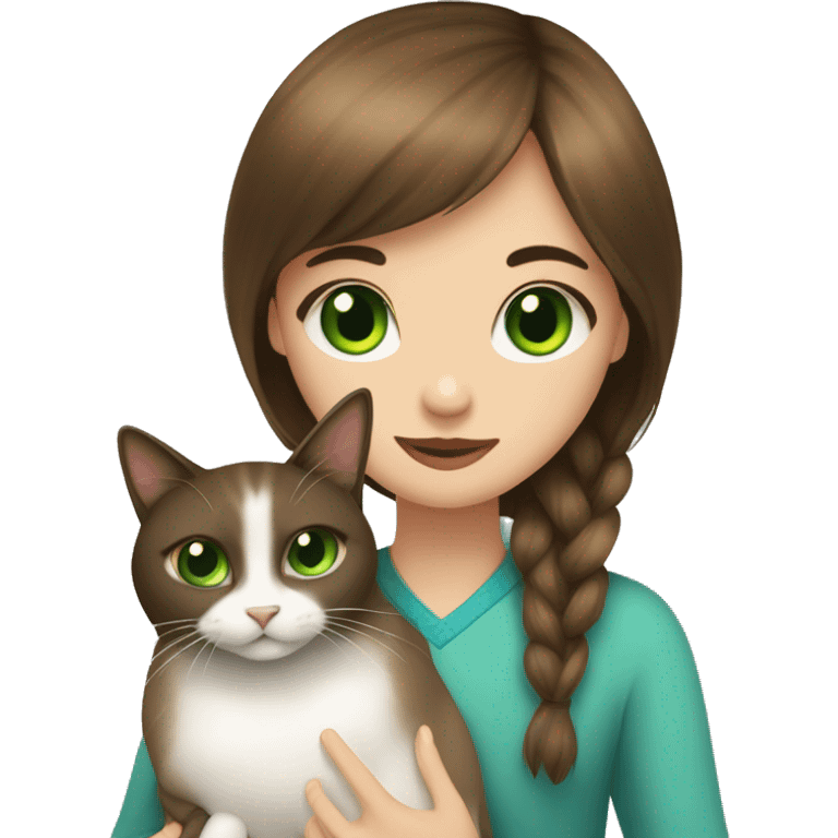 Girl with green eyes, long brown hair with bangs hugs Siamese cat with blue eyes   emoji