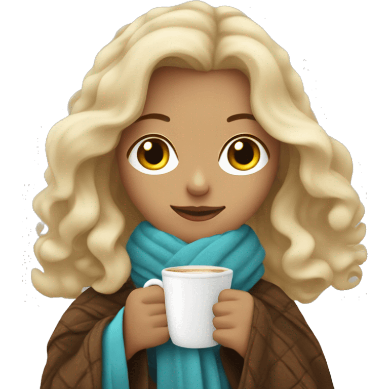 blonde girl with wavy hair, coffee in hands, wrapped in a blanket emoji