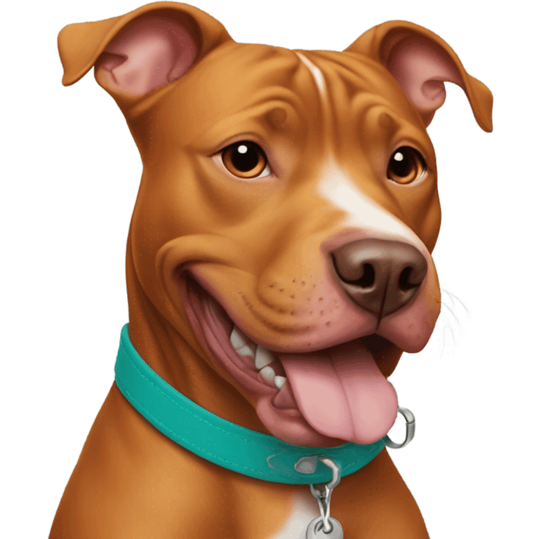 orange brown pitbull smiling with teal collar emoji