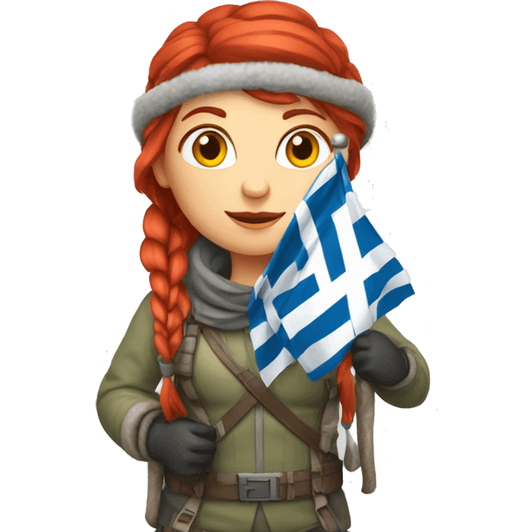 female winter mountaineer red hair holding red easter egg and greek flag  emoji