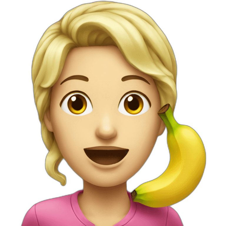 A large headshot of a woman eating a banana emoji