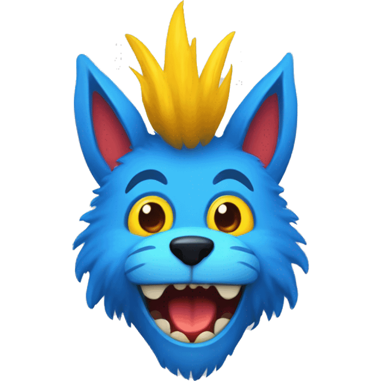 Tall blue furry with red lips and big cartoon eyes and long sharp teeth and yellow hands and yellow feet emoji