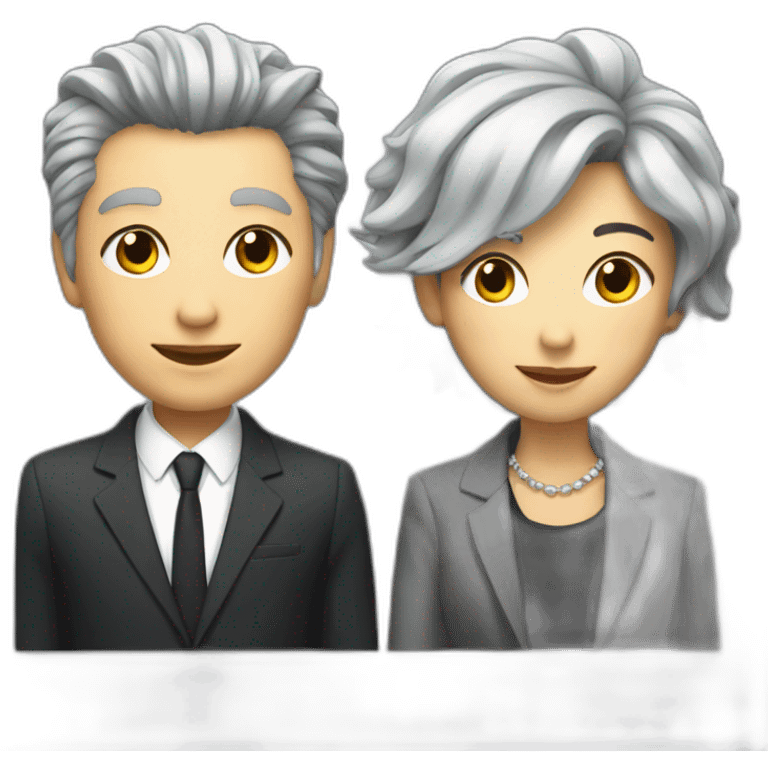 grey-haired, fashionable woman in suit next to punk with mullet, smiling emoji