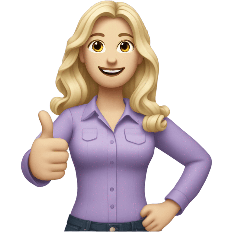 Woman, white skin, pale skin, long hair, blonde hair, wavy hair, lavender blouse, two thumbs up emoji