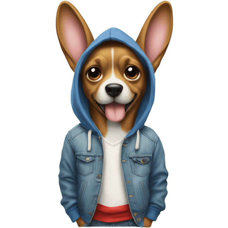 Dog wearing a hoodie blue jeans red shoes with hands in pockets with bunny ears emoji