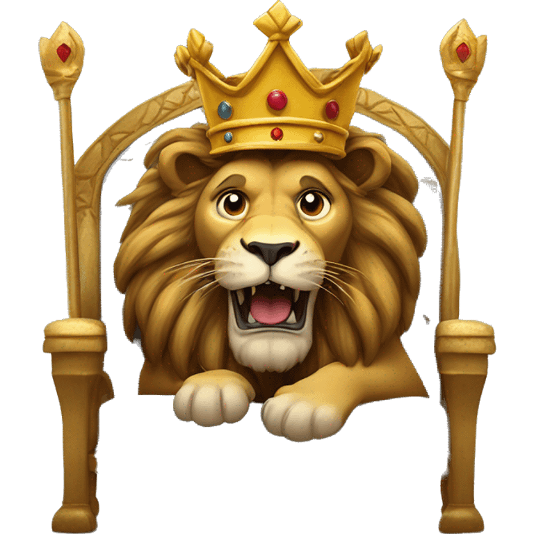 ‏A lion wears a crown and sits on his throne with a flee next to him emoji