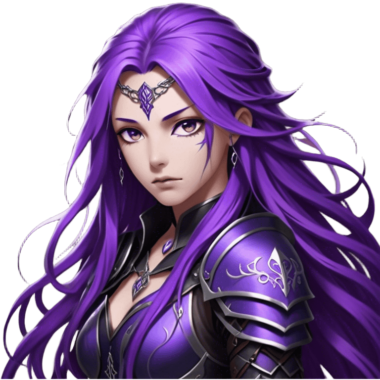 A mysterious warrior girl with long, flowing purple hair cascading down her back, strands catching the dim light like silk. Her piercing violet eyes glow beneath her furrowed brow, sharp with determination and wisdom beyond her years. She wears sleek black armor, a perfect fusion of elegance and lethality, adorned with intricate silver engravings resembling ancient runes. A dark cape billows behind her, torn at the edges from countless battles. emoji