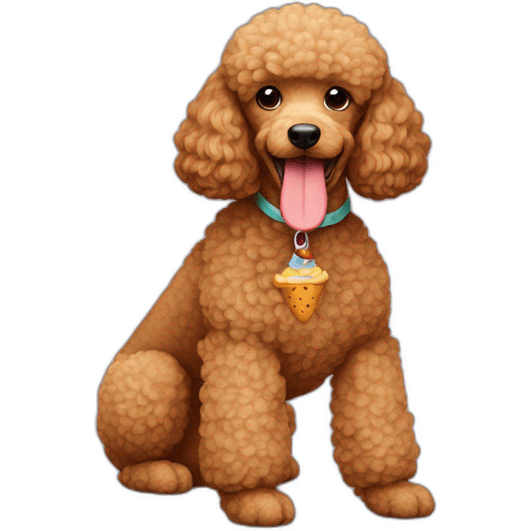 Light brown poodle seated with a hot dog toy emoji