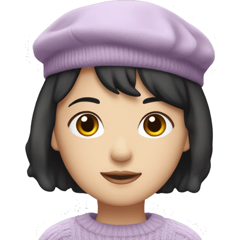 korean girl short black hair sharp jawline, attractive wearing a lilac sweater and beret emoji