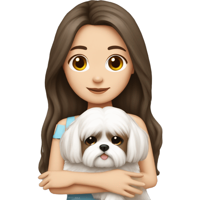 Brunette girl long hair, hugging her white Shih tzu emoji