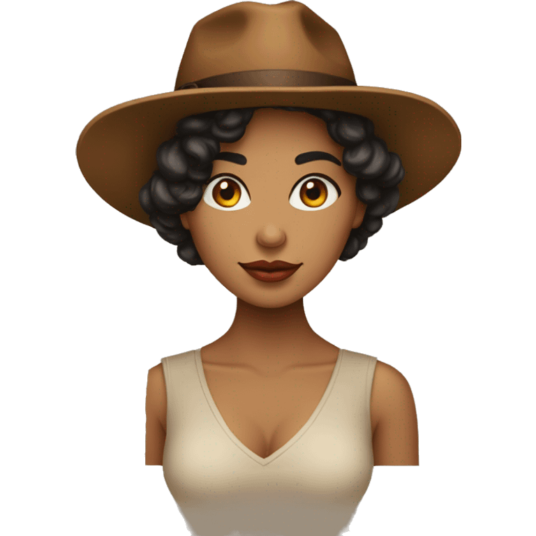 mulher morena com cabelo marrom olhos preto e com chapéu de cangaceiro emoji