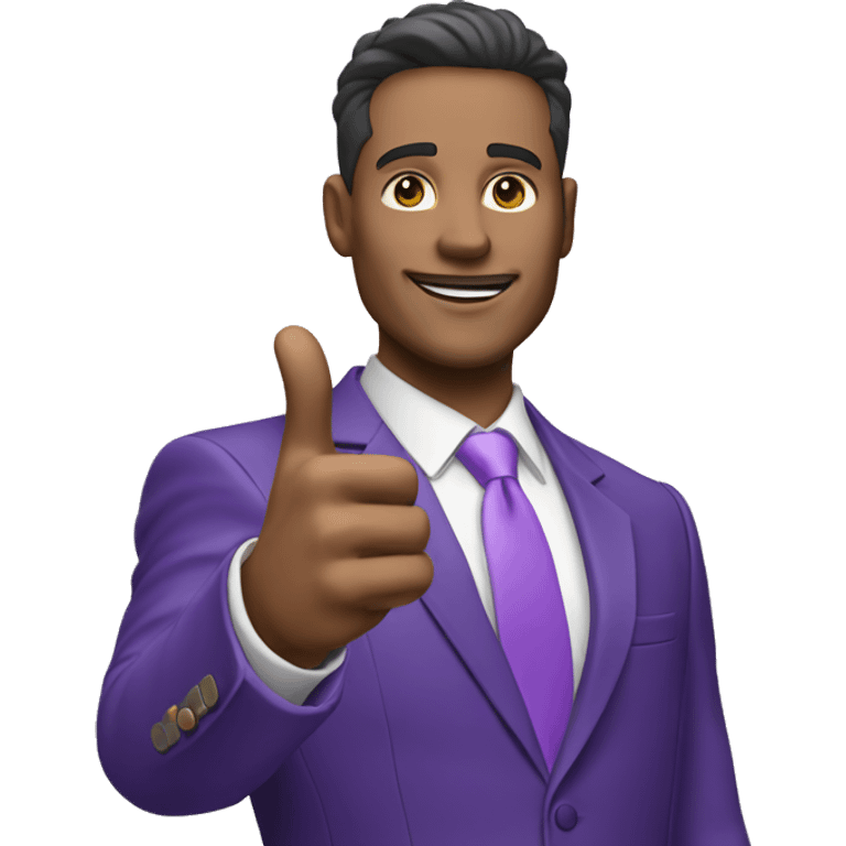 Business man in purple suit multimillionare, points with one arm upwards, white skin emoji