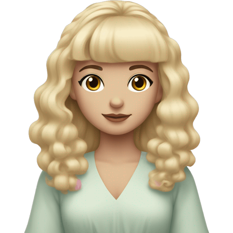 Blonde, pale girl with bangs and long, curly hair and a pastel pink puff sleeve dress emoji