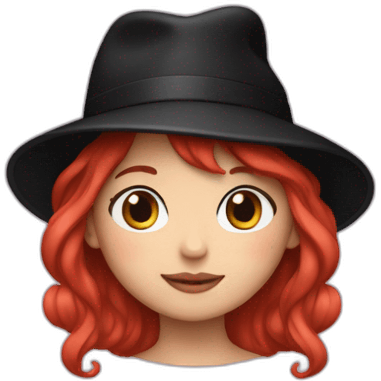 A girl with red hair and wearing a black hat with Hello Kitty drawn on it  emoji