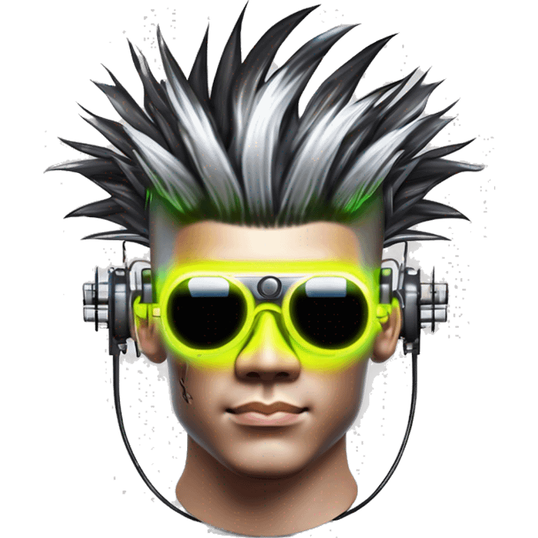 Mohawk hair Asian male cyborg head with neon silver steampunk goggles and circuits emoji