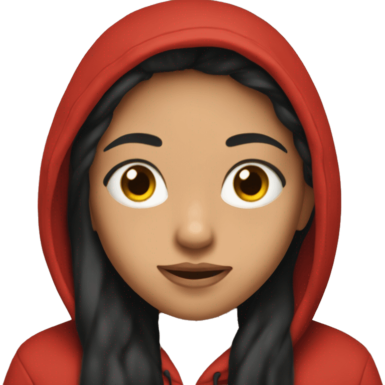 Girl with long black hair wearing a red hoodie that says YAEY emoji