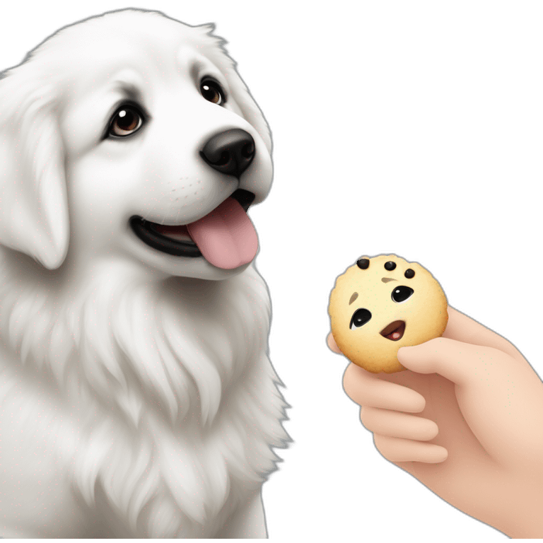 Great pyrenees puppy with black spot on eyes posing on the side looking at a hand with a treat emoji