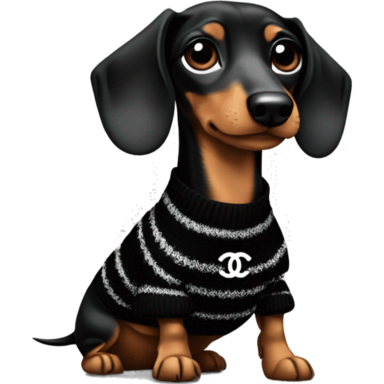 Dachshund wearing black and white Sweater with chanel logo  emoji