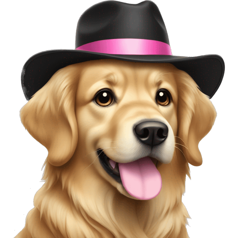 Golden retriever dog with black hat and pink collar emoji