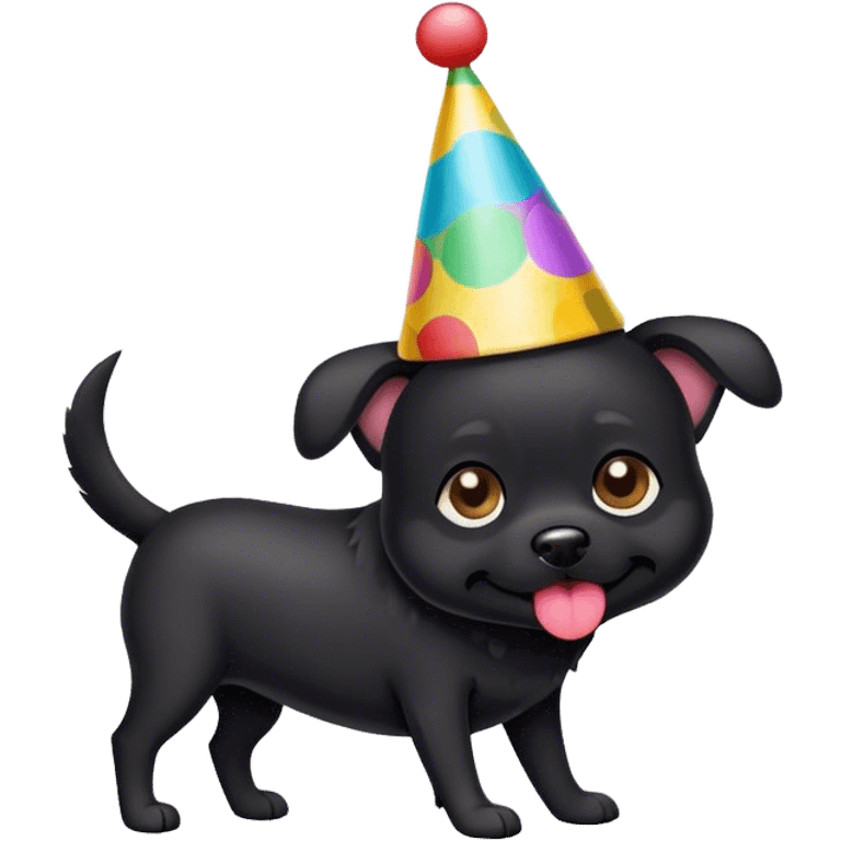 Small black dog wearing a party hat emoji