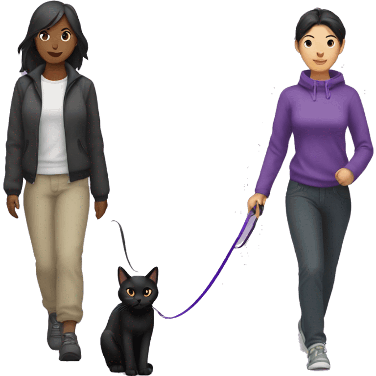 Black cat with a purple leash going for a walk with an Asian female  emoji