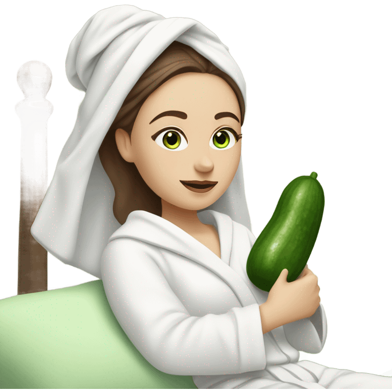 White girl with Brown hair and blue eyes wears a Green colored clay mask and puts on cucumbers around her eyes while She relaxes in her white Robe emoji