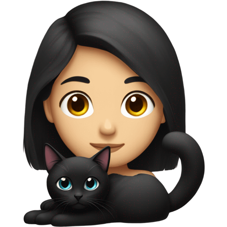 A girl with long dark hair and a black fluffy cat is lying on her right shoulder emoji