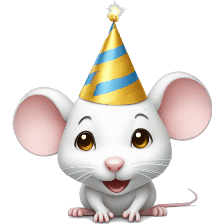 Cute little white mouse wearing birthday hat emoji