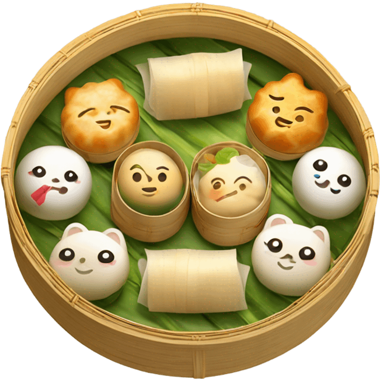 Assorted dim sum in a bamboo steamer emoji