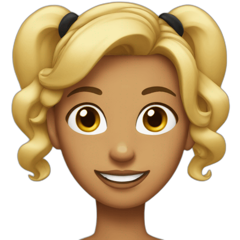 a lady with tanned skin and a black ponytail. Her teeth stand out in front of her mouth emoji