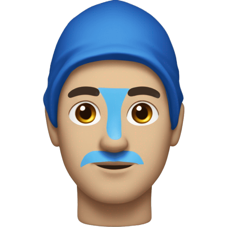 man with black head with three blue lines on it, blue hood on. emoji