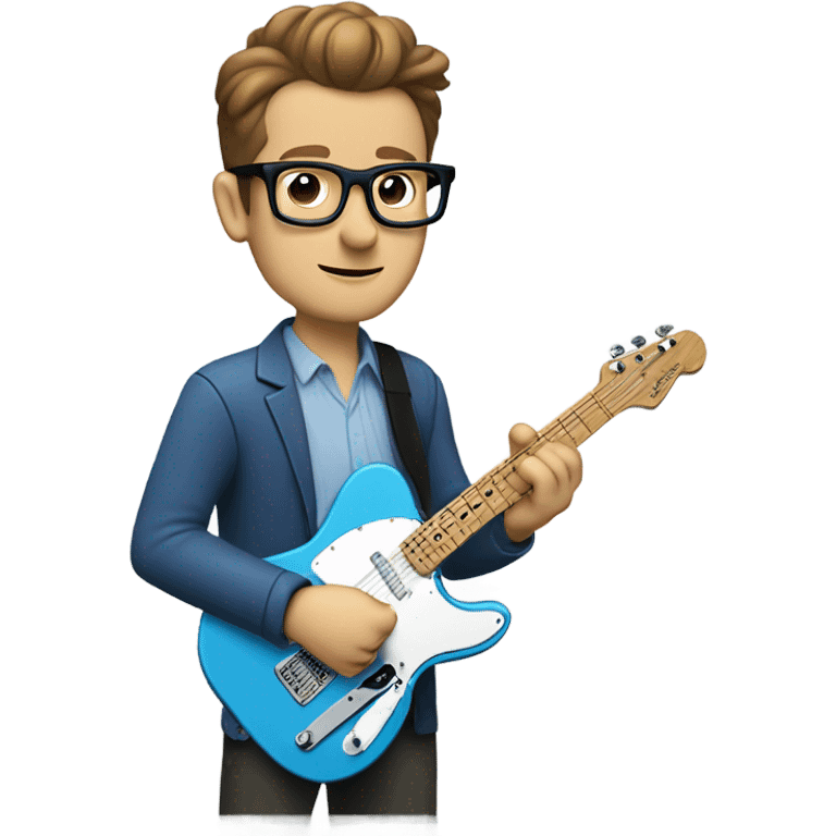 A nerdy white guy with glasses with short brown hair with a small quiff playing a blue classic telescaster emoji