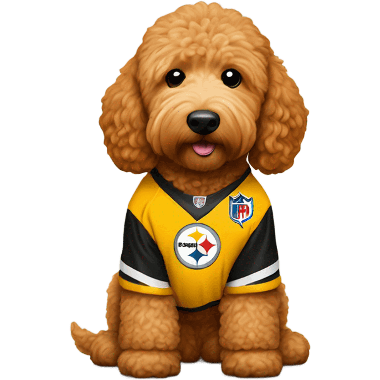 Ginger Golden doodle with Pittsburgh Steelers jersey on emoji