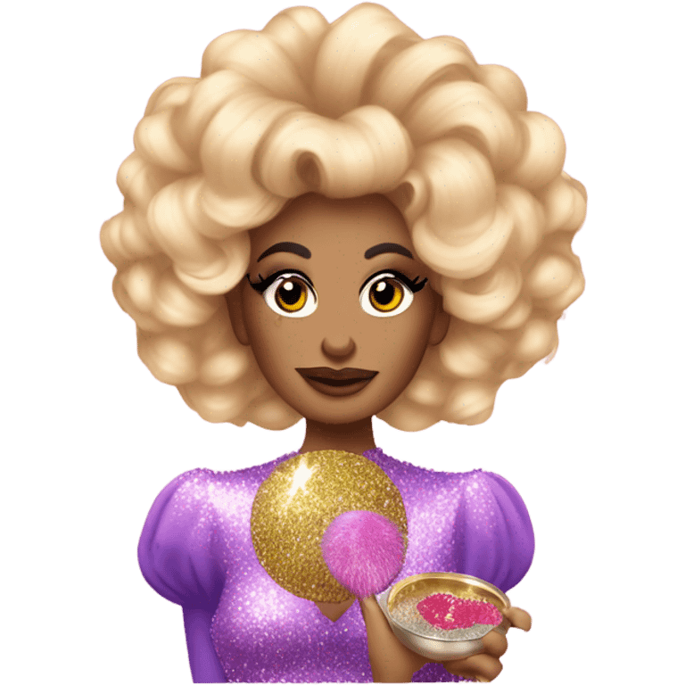 A drag queen with huge hair and a glittery dress, putting on blusher from a compact emoji