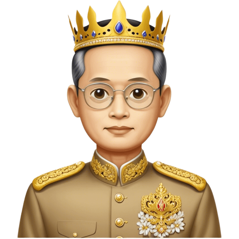 Cinematic Realistic King Bhumibol Adulyadej Portrait Emoji, depicted as a revered Thai monarch with a dignified expression and traditional royal attire, rendered with lifelike textures and soft regal lighting that captures his lasting legacy. emoji