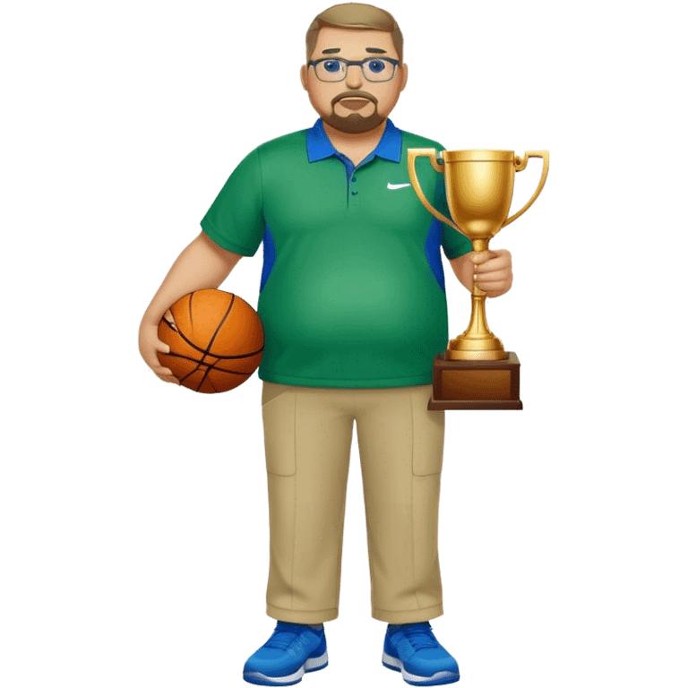  full body white obese male basketball coach with trophy. Goatee , Wearing glasses and blue and green nike polo shirt and khaki pants emoji