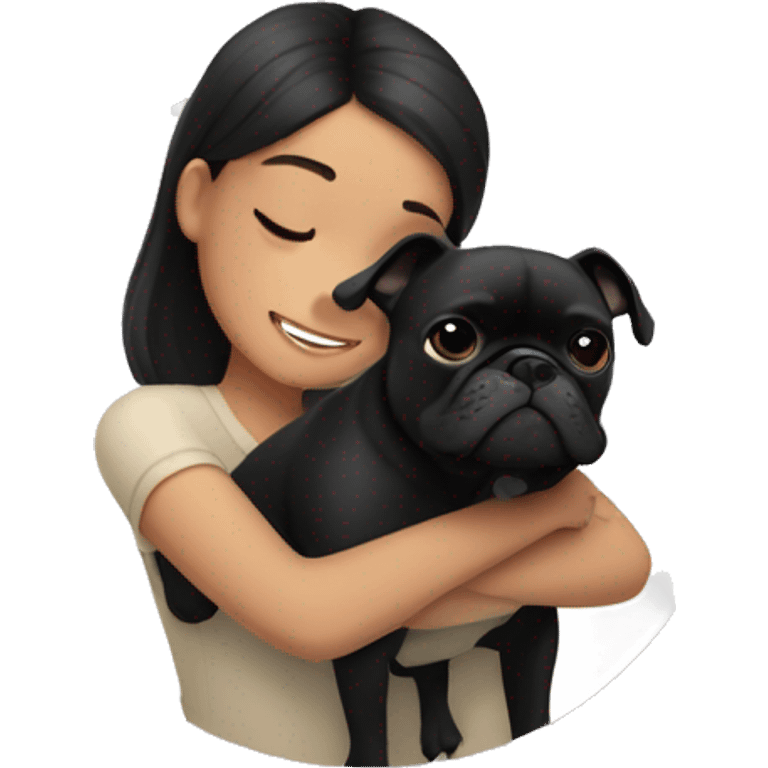 A girl with dark hair hugs a black French bulldog emoji