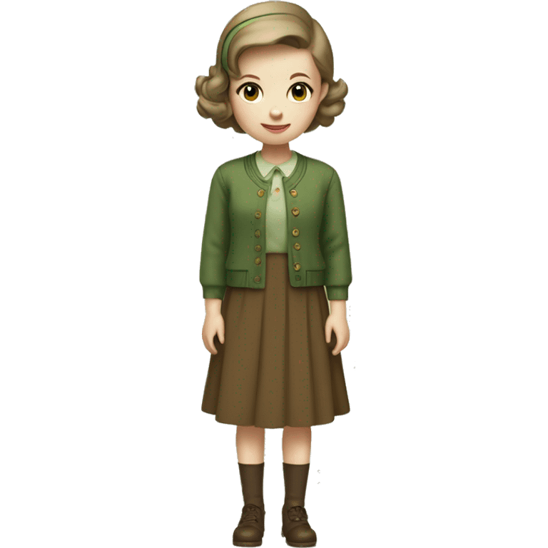 Very young girl with pale skin, straight brown, short hair, a brown 1940s dress with an earthy green cardigan emoji