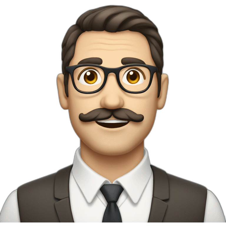 Mid age dark hair white British guy with a crooked short moustache, short hair and rounded glasses emoji