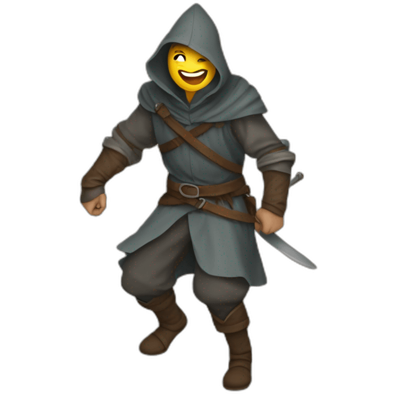 medieval saboteur laughing and escaping, hooded emoji