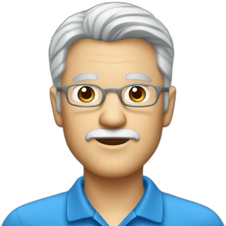 senior gray haired software engineer with goatee, blue eyes wearing a polo shirt.  emoji