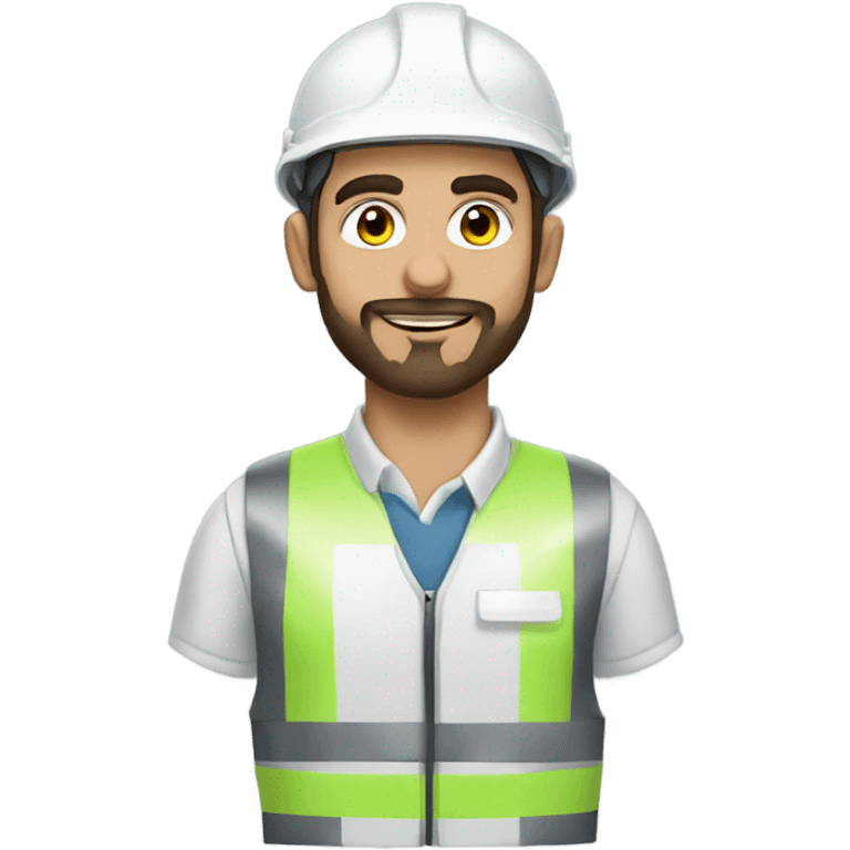 A young Turkish electrical engineer with a full beard, a white helmet and a phosphorescent protective vest emoji