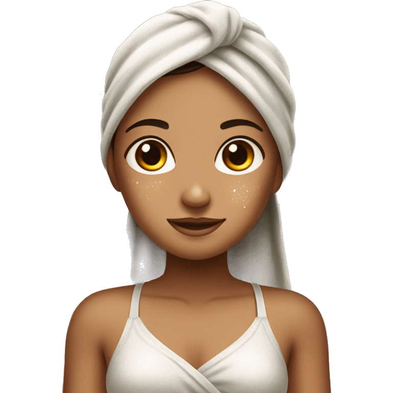 tan girl with dark brown hair with her towel on and her skin shimmering with dew drops on her skin  emoji