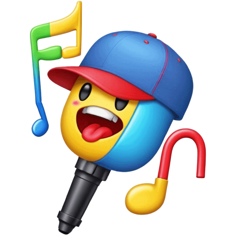 Create a vibrant and creative emoji that represents beatboxing. The design should feature a microphone with a cap placed on top, with oversized lips peeking out from under the cap. From the lips, bass clefs should be flying out, along with a variety of musical instruments (like a drum, electric guitar, and piano keys) to symbolize the blend of rhythm and creativity in beatboxing. Use bold, energetic colors like neon red, yellow, and blue to capture the lively and street-savvy essence of beatboxing. The background should be transparent. emoji