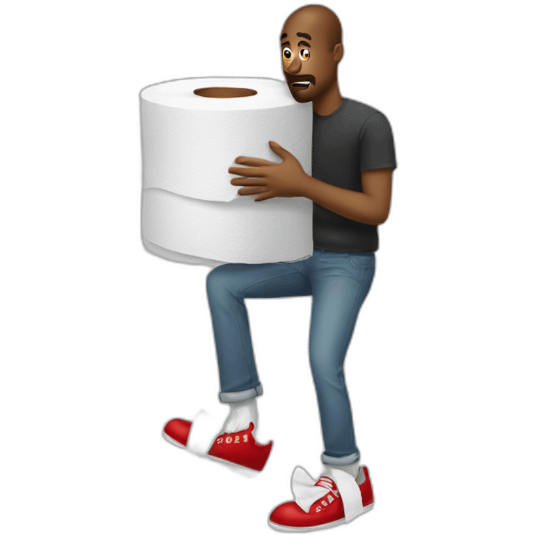 man with iPad and toilet tissue wearing red shoes emoji