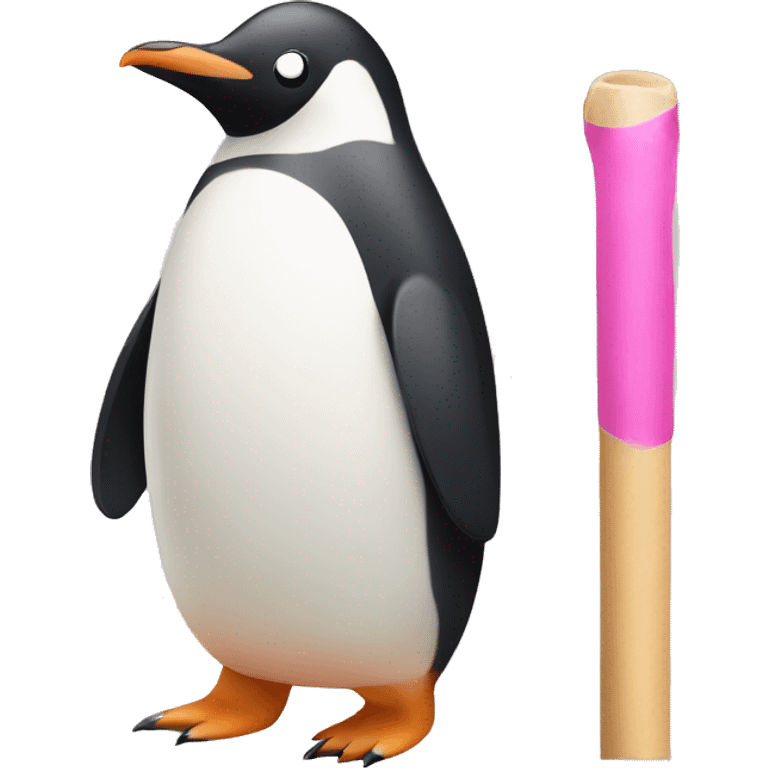 a penguin with a beige stick with a pink tip emoji