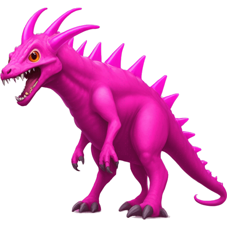 A giant pink kaiju with a long neck, 2 bright pink tusks, horns and 10 spines. He has also 4 full dark pink eyes with no pupils, dark pink claws and he got 2 spines on its tail.  emoji