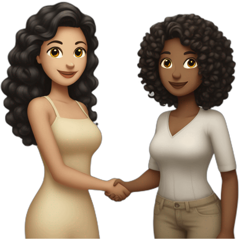 tan curvy woman with black curly hair shakes hands with a curvy pale woman who has straight light brown hair emoji