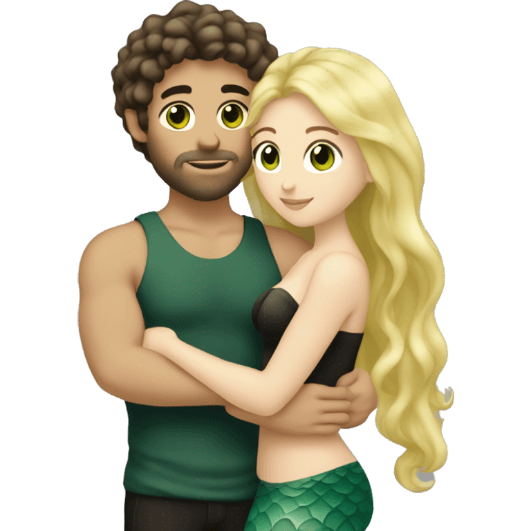 Intimate moment of Lovers. She is a mermaid, has blond wavy Hair and brown eyes. He is tall, has short black hair, a short beard and has green eyes. Both have white skin. emoji